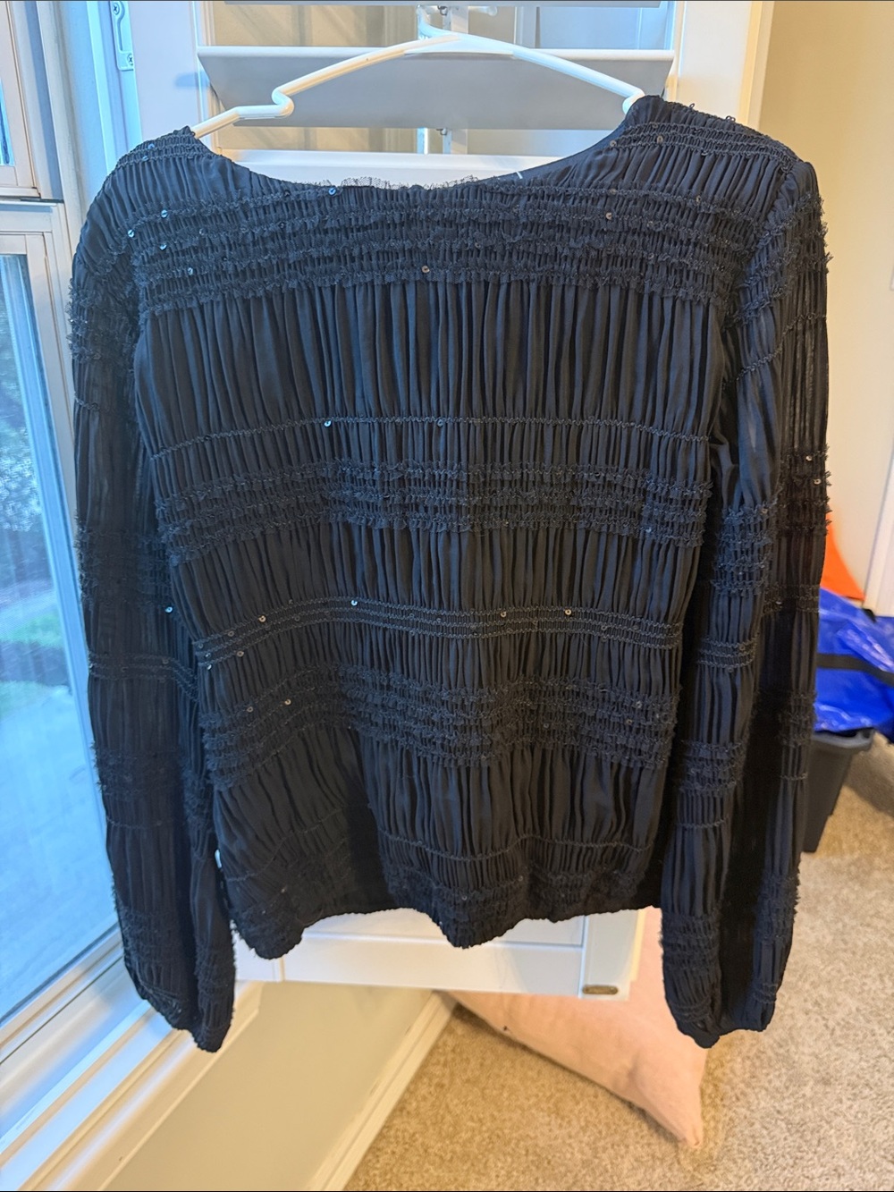 Black Smocked with sequin Long-Sleeve Women's Top